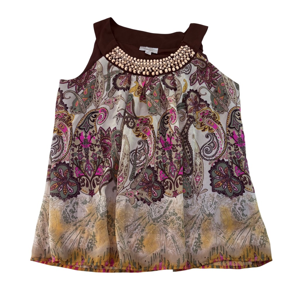 Dressbarn Womens Paisley Sleeveless Blouse Brown Pink Beaded Neckline Large‎